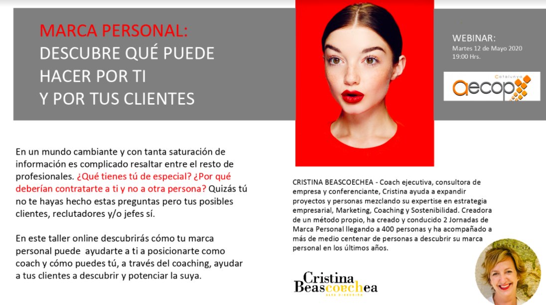 aecop_cat's tweet photo. Martes 12 a las 19:00 webinar: MARCA PERSONAL: DESCUBRE QUÉ PUEDE HACER POR TI Y POR TUS CLIENTES @coachcrisbeas Para el link al webinar: eventos@aecop-catalunya.com #coaching #marcapersonal #clientes #marketing https://t.co/WkXG7y6Lyy