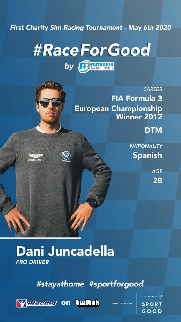 dani_juncadella's tweet image. I have been invited to race at the #RaceForGood tournament tonight at 8 pm (CEST). It's a charity sim racing event that can be followed on Twitch.  15 pro drivers versus 10 sim drivers. ✊ Here we go! 😈 #DJ2 3#stayhome #sportforgoof