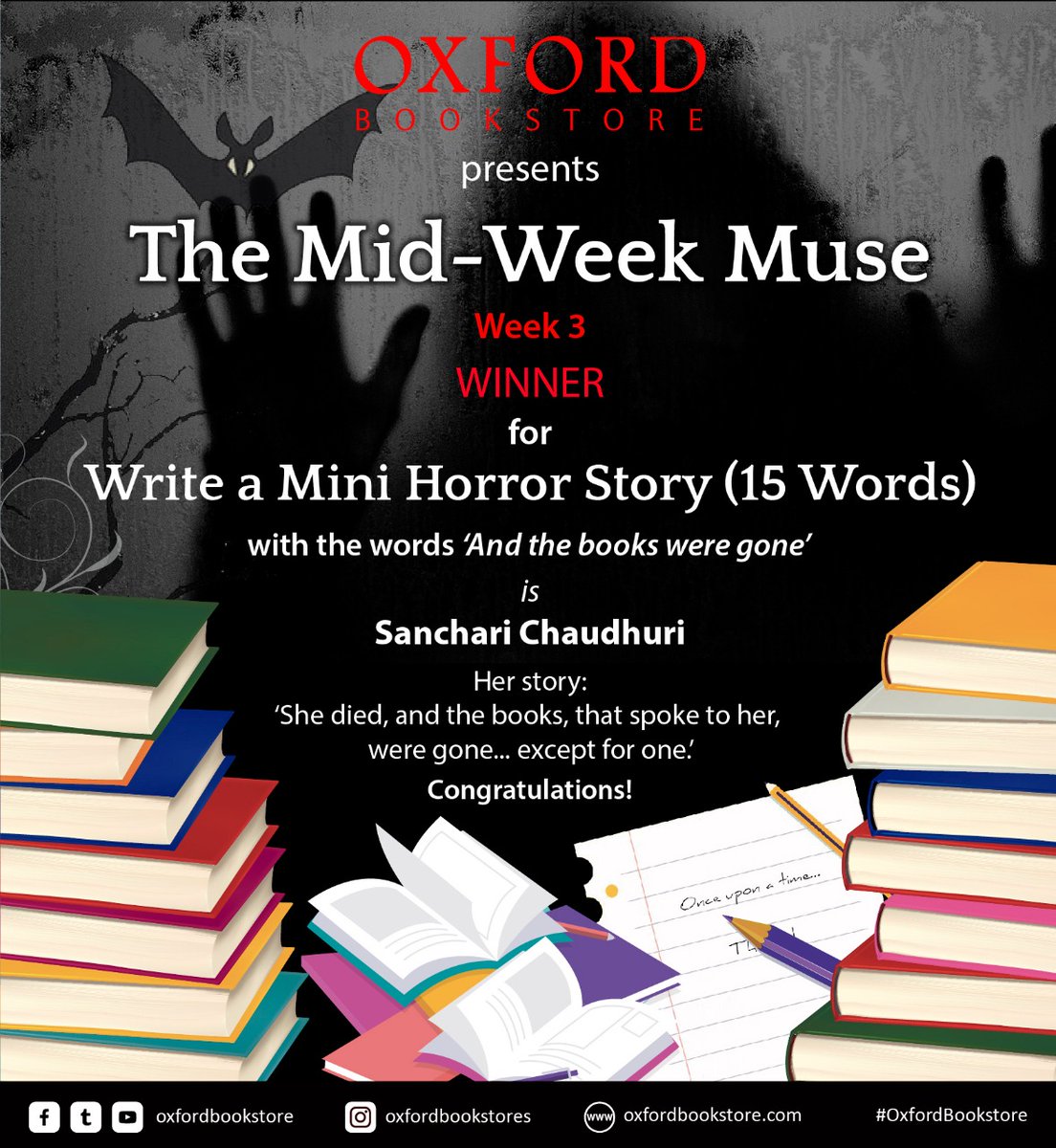 oxfordbookstore's tweet image. Congratulations to Sanchari Chaudhuri, winner of Mid-Week Muse (Mini Horror Story) contest.

#OxfordBookstore #Contest #MidWeekMuse #Winner