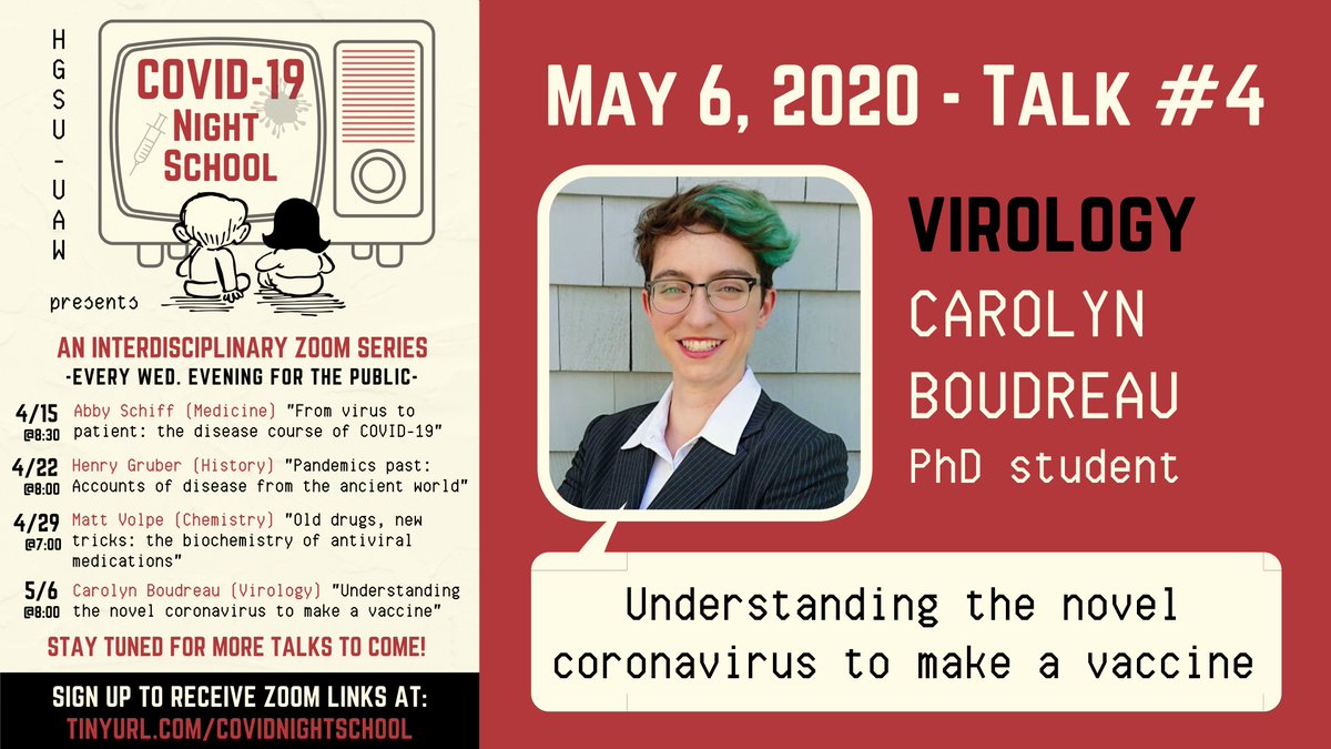 hgsuuaw's tweet photo. Join us for the fourth installment of COVID-19 Night School tonight at 8pm Eastern Time! Carolyn Boudreau is presenting on the science behind developing a COVID vaccine. 

Sign up at ⚡️ https://t.co/SUleGNrm1Y ⚡️ to get the Zoom link and/or the recording! https://t.co/HX6oPvIydL