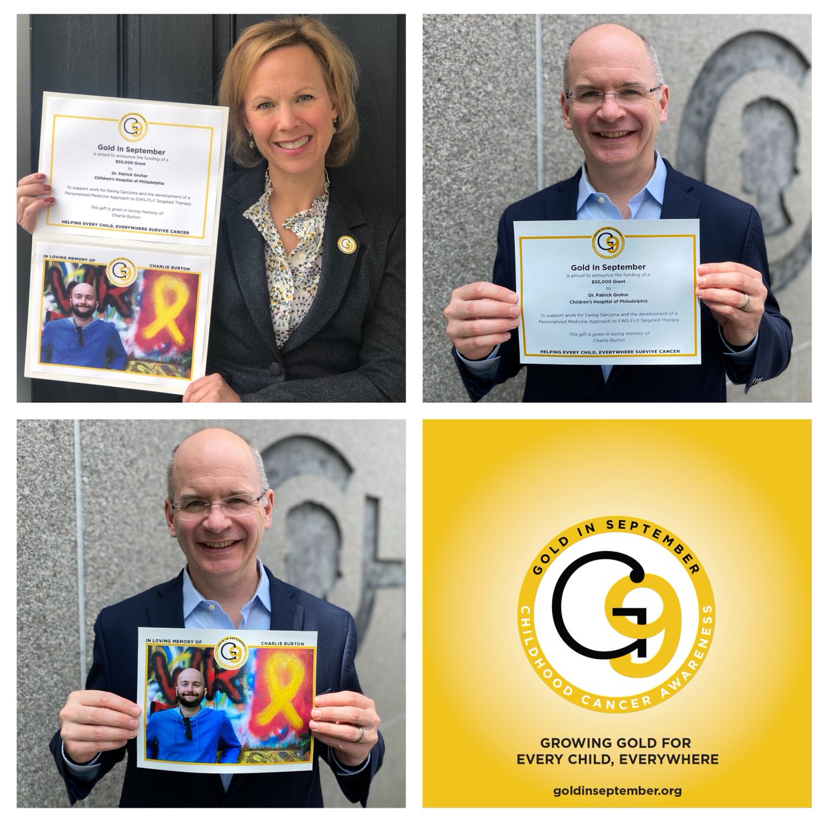 GoldInSeptember's tweet photo. Sarah Bartosz, G9 President, is proud to announce a $50,000 grant to support Dr. Patrick Grohar @ChildrensPhila (CHOP.) Funds will support the development of a novel, targeted therapy for Ewing Sarcoma.
#growGOLD #childhoodcancer #research #igrowgold #goldinseptember https://t.co/CFW8U0c8yz