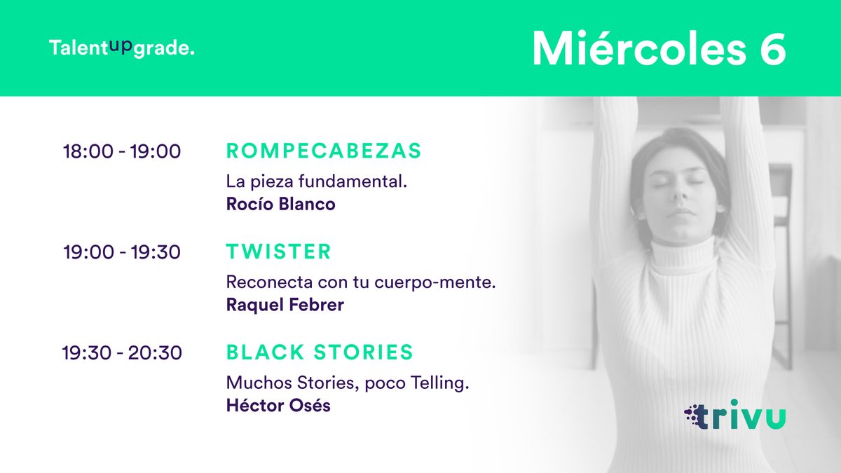 wearetrivu's tweet photo. En una hora comienza la segunda jornada de #TalentUpgrade y aún estás a tiempo de disfrutarlo.
3 talleres dinámicos en los que aprenderás y participarás de manera activa. 
Asegúrate tu plaza: https://t.co/fSjcw1waFJ 👈
#WeAreTrivu #Talento #Festival #Webinar https://t.co/wcevSUsfBZ