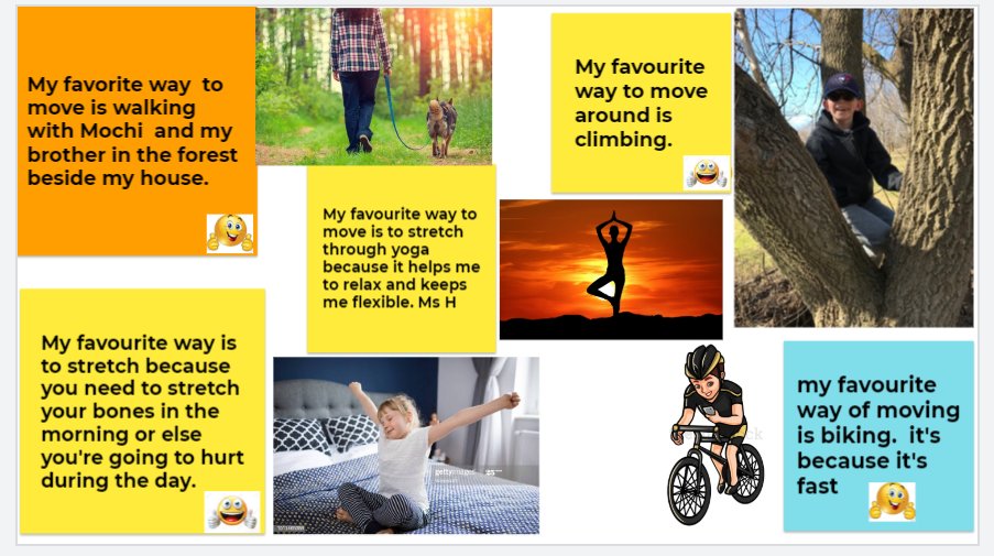 Exploring the mind/body connection with my class together on Jamboard: What's your favourite way to move? <a href="/1GreatLakes2013/">Great Lakes P.S.</a> #WELLinPEEL