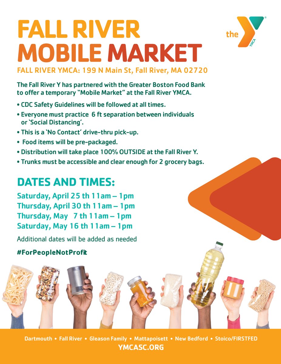 The Fall River Y will be holding a "Mobile Market" tomorrow, May 7 from 11am-1pm at the Fall River YMCA! Food items will be pre-packaged and distributed through no contact, drive-thru pick-up.