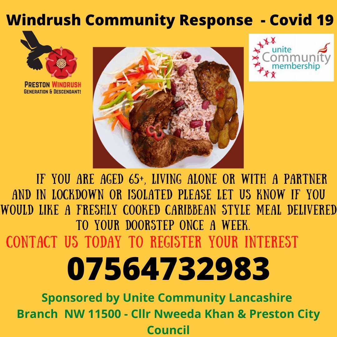 WindrushPreston's tweet photo. Thank you @LancsResilience for the work you do. Interested in a hot carribean style meal delivered to your doorstep? Please contact Windrush Community Response - COVID 19 we are offering good west indian food &amp; a friendly face!!! :) #WindrushCommunity #Preston @prestoncouncil https://t.co/16FxuY4gLV