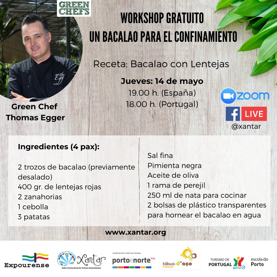 XANTAREXPO's tweet photo. Nuevo taller de @XANTAREXPO! Esta vez nos vamos cerquita, a #Portugal🇵🇹
Os invitamos a preparar "Un Bacalao para el confinamiento" de la mano del prestigioso chef #ThomasEgger.
Apúntate: https://t.co/cGpgZKq08t
No te lo pierdas! #cocinarenconfinamiento #cocinaportuguesa https://t.co/aq2ZfFH570