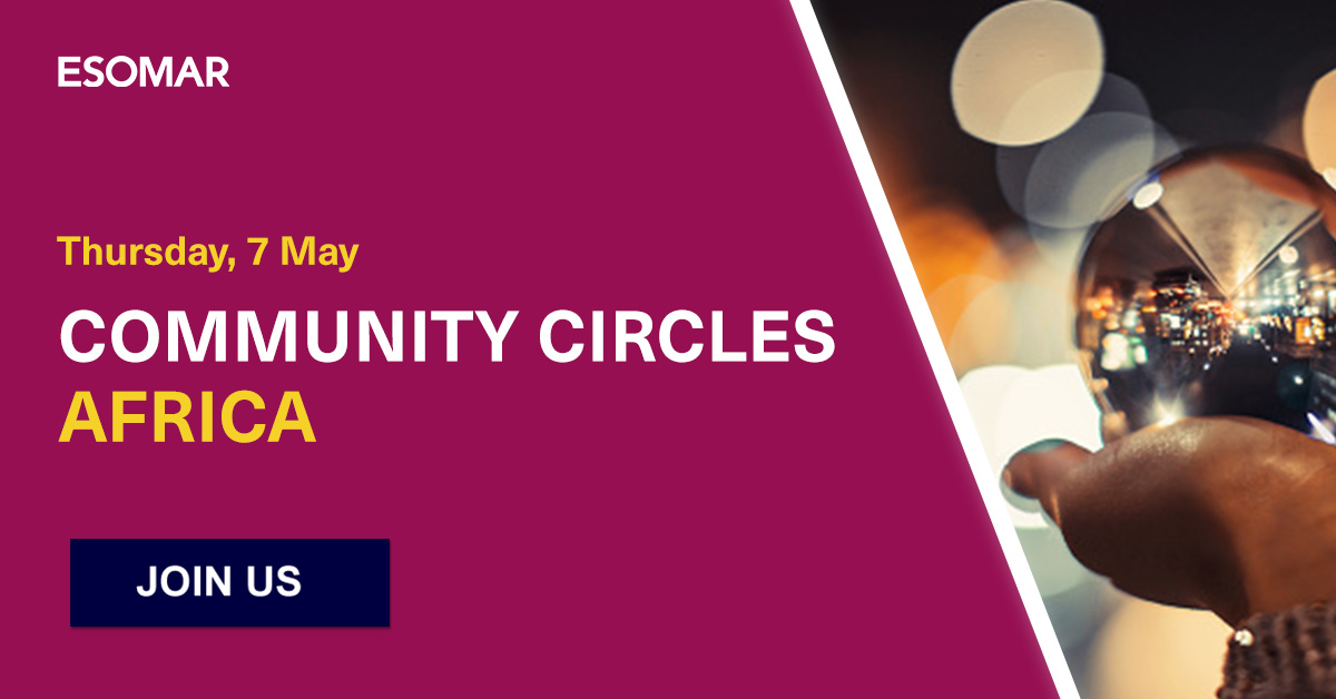ESOMAR's tweet photo. ⭕️ We are excited to share with your our second Community Circle this Thursday, focusing on Africa! 🌍 

What are African market researchers doing to survive to COVID-19 pandemic? 🤔  

🗓 7 May
🕒 15:00-16:30 CEST

👉  https://t.co/gIicsFWjXy

#mrx #data #insights https://t.co/aBpuc1YlmN