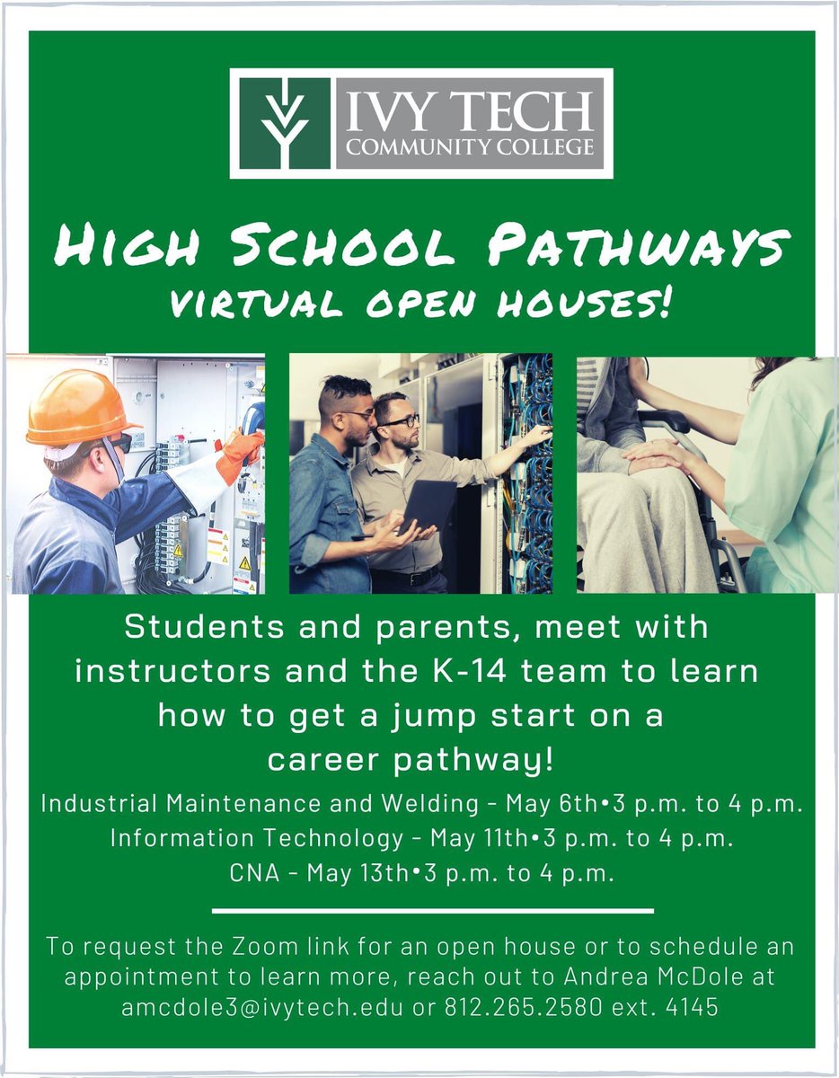 blue_eyedmolly's tweet photo. Are you a local high school student or parent that wants to learn more about how to get a jump start on a career pathway? Ivy Tech Madison is holding virtual open houses for those interested in high school pathways! #ivytechmadison https://t.co/fioNMVLx3v
