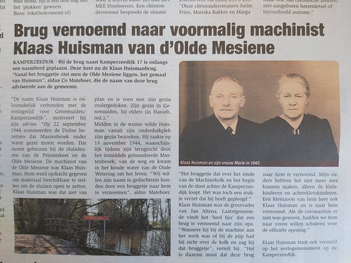 brug vernoemd naar Klaas Huisman machinist d'Olde Mesiene. Bron Stadskoerier