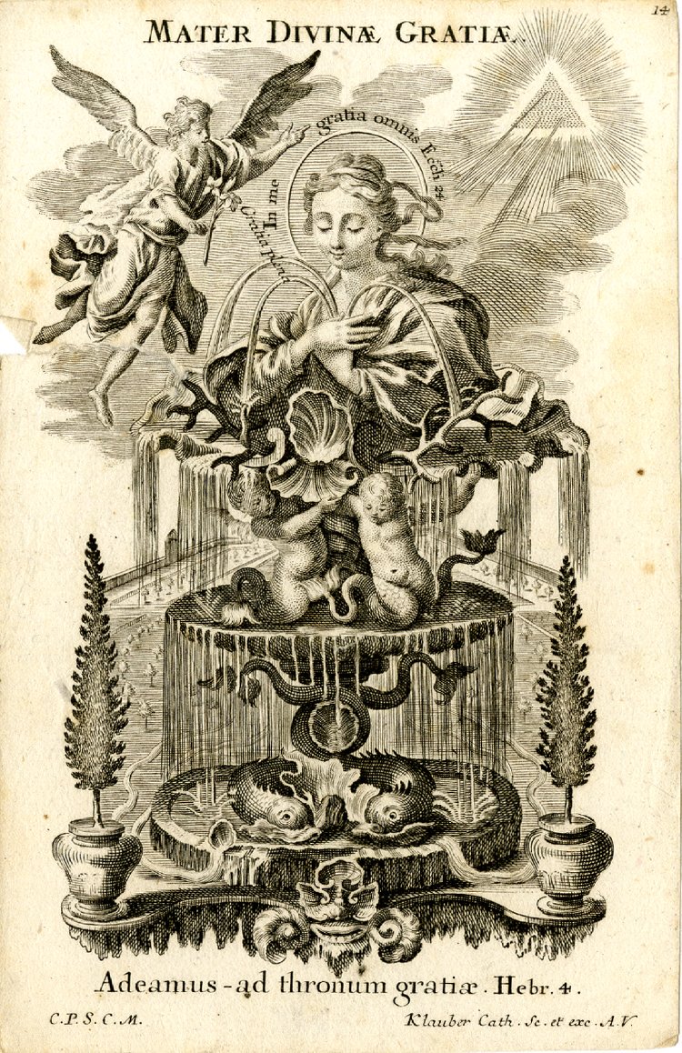 Mater Divinae gratiae, ora pro nobis.Mother of divine grace, pray for us.The Latin inscription reads:Adeamus ergo cum fiducia ad thronum gratiae"Let us proceed to and approach the throne of grace" Hebrews 4:16