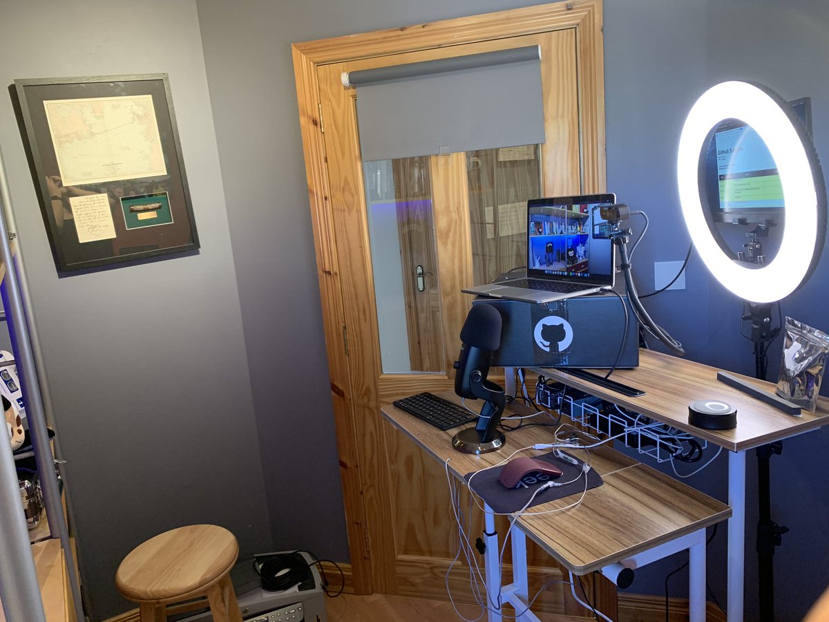 martinwoodward's tweet image. I’m all set up and ready to host #GitHubSatellite in 5 hours with my fab co-host and @GitHub VP of Engineering, Dana Lawson. Tune in at 9am Pacific./ 5pm UK / 6 pm CET for the keynote with @natfriedman - we’ve got some great things we can’t wait to share with you.