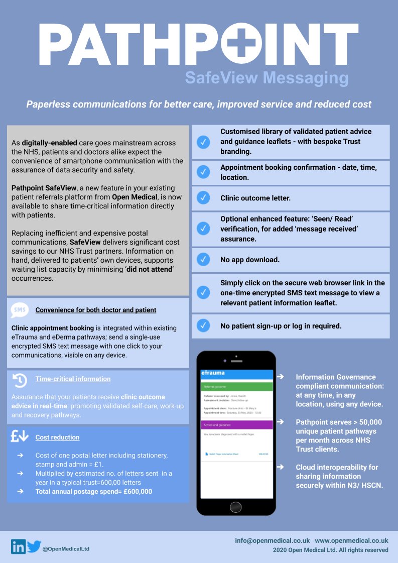 OpenMedicalLtd's tweet photo. Pathpoint SafeView messaging is a direct-to-patient communication: simply, an encrypted SMS with a link to clinic letters, advice and appointment details. 

Get in touch: info@openmedical.co.uk

#NHS #DigitalTransformation #HealthCare #Safeview https://t.co/P6dkINYKlL
