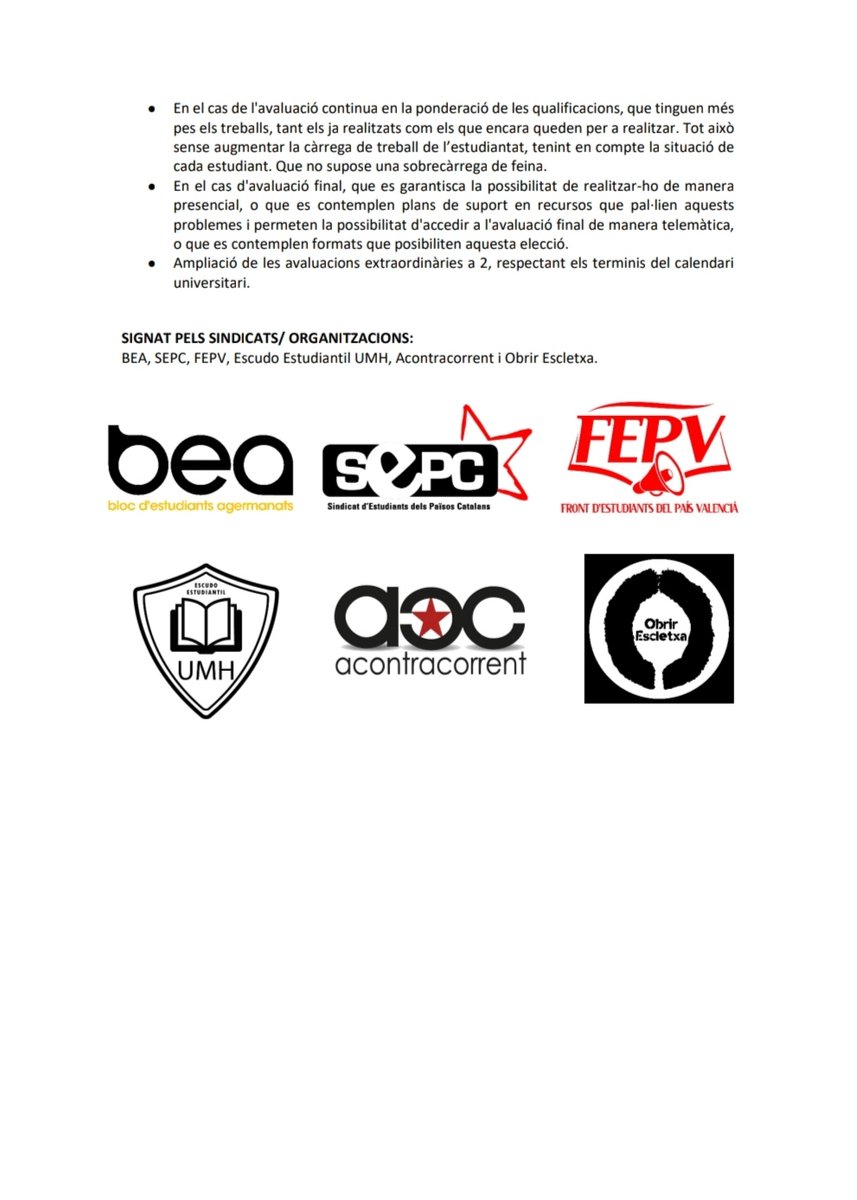#CrisiEducativaPV | Diversos col·lectius de totes les Universitats del País Valencià ens hem organitzat per tal de fer-nos escoltar. 
<a href="/ObrirEscletxa/">Obrir Escletxa</a> <a href="/FrontEstudiants/">FEPV</a> <a href="/bea_UV/">BEA UV</a> <a href="/sepc_uji/">SEPC UJI</a> @sepc_valencia <a href="/Acontracorrent/">Estudiants en Moviment País Valencià</a>
Hem reunit les demandes conjuntes en aquesta infografia: