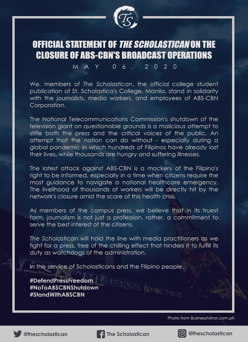thescholastican's tweet photo. READ: OFFICIAL STATEMENT OF THE SCHOLASTICAN ON THE CLOSURE OF ABS-CBN'S BROADCAST OPERATIONS
#DefendPressFreedom
#NoToABSCBNShutdown
#StandWithABSCBN https://t.co/79Xqt3FGQN