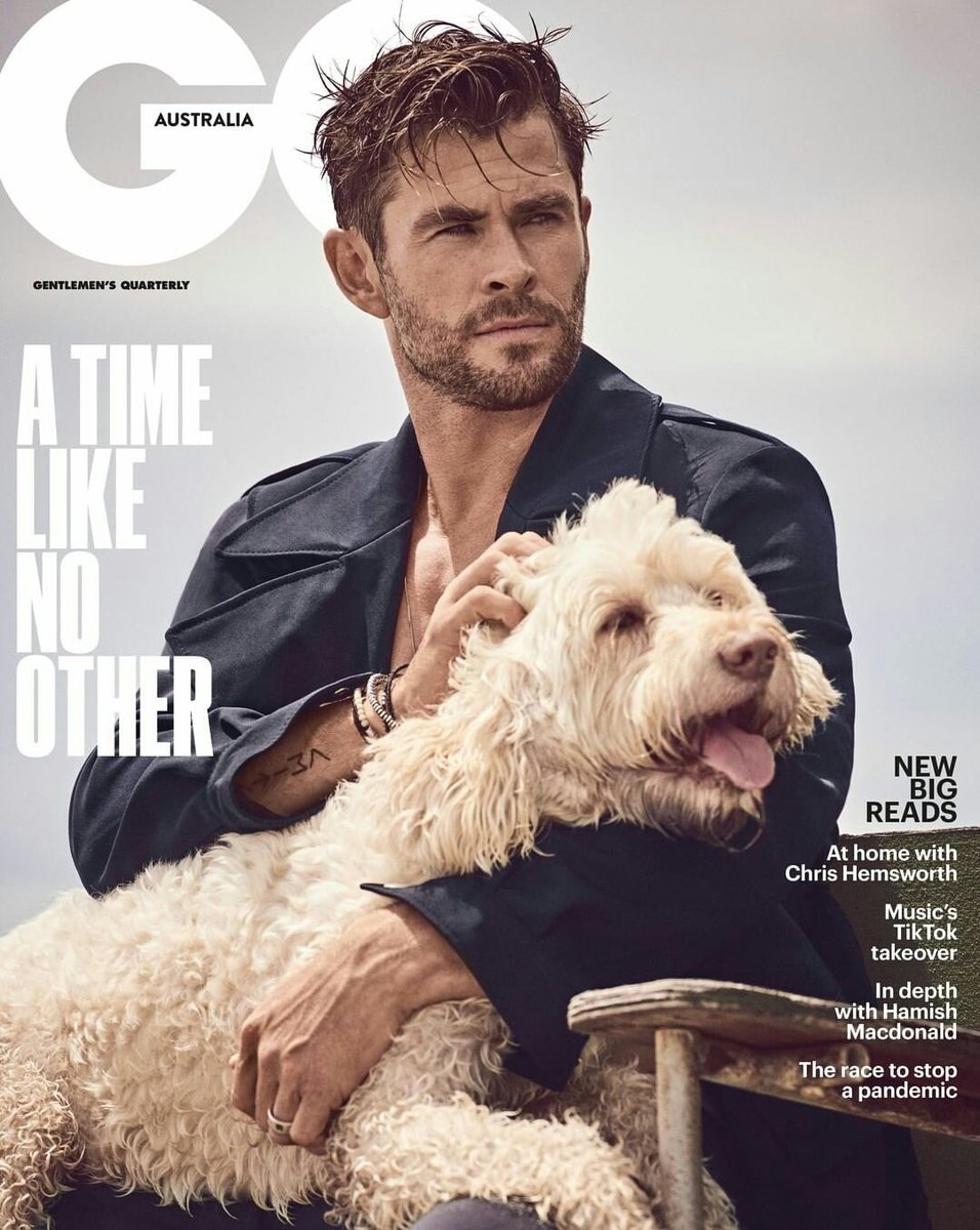 filmguy619's tweet image. Blessing your timeline with these photos of Chris Hemsworth in GQ Australia with his dog.