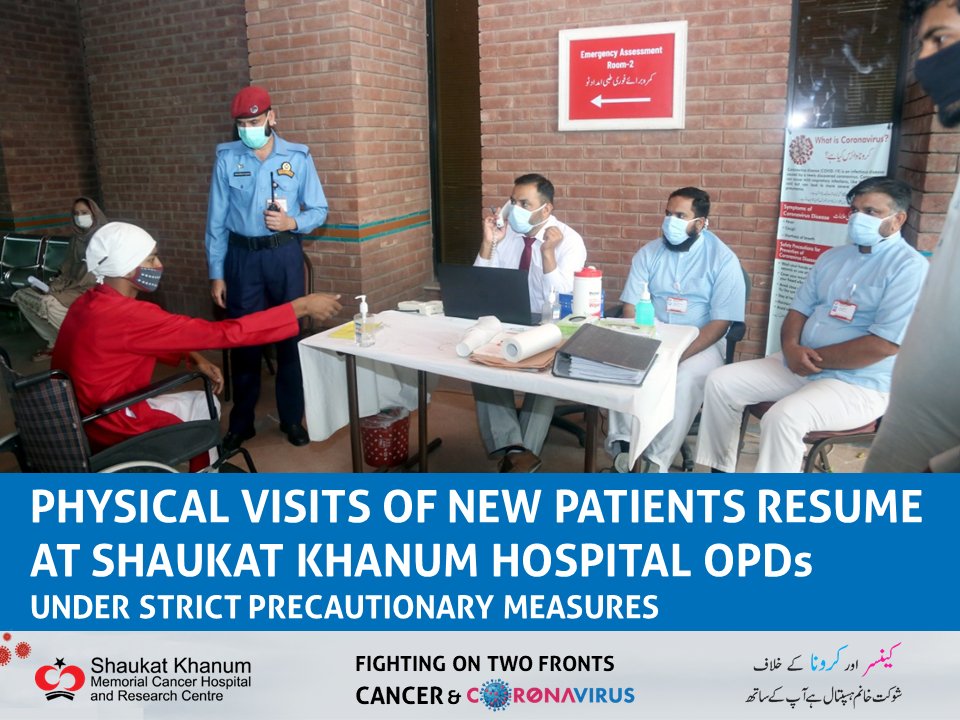 SKMCH's tweet photo. Physical visits of new patients resume at Shaukat Khanum Hospital OPDs
Under strict precautionary measures

#OPDResumeatSKMCH #ZakatSavesLives #SKMCHFightingOn2Fronts #SKMCH #Coronavirus #CoronaVirusUpdates #COVID19 https://t.co/0HfgANY7VY