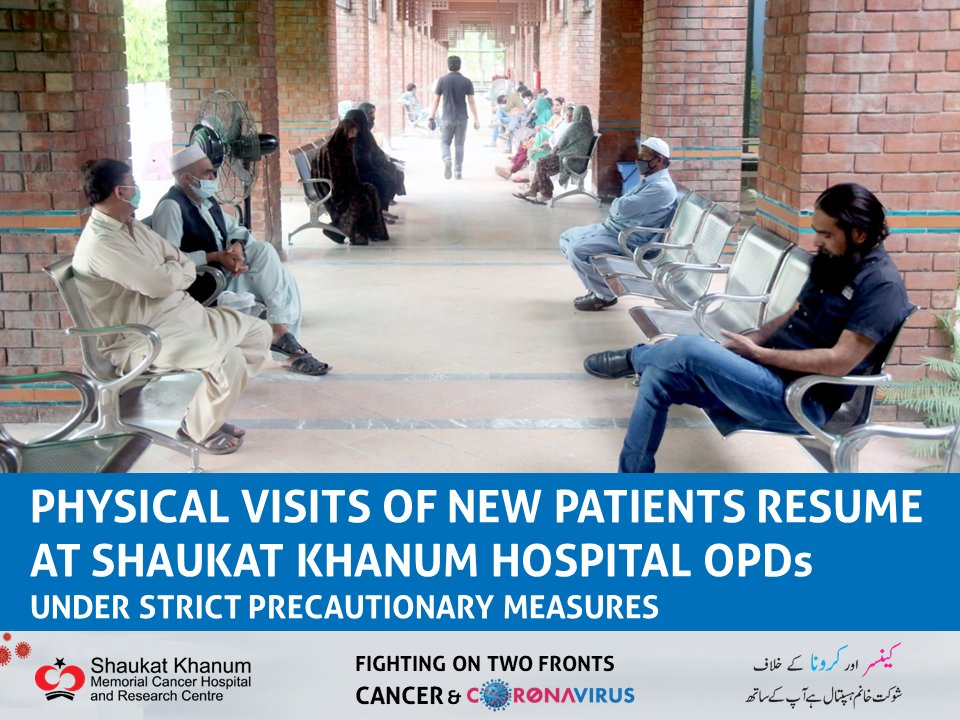 SKMCH's tweet photo. Physical visits of new patients resume at Shaukat Khanum Hospital OPDs
Under strict precautionary measures

#OPDResumeatSKMCH #ZakatSavesLives #SKMCHFightingOn2Fronts #SKMCH #Coronavirus #CoronaVirusUpdates #COVID19 https://t.co/0HfgANY7VY