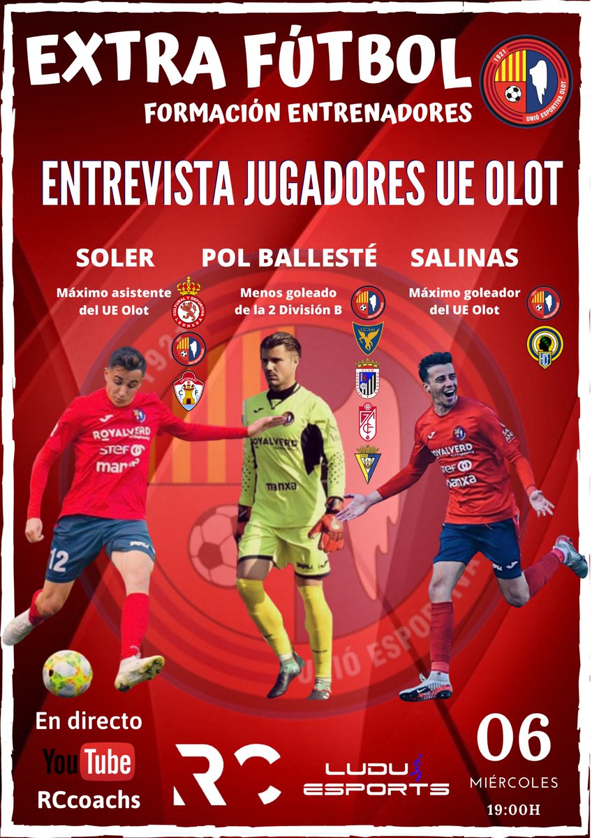 Aquesta vesprada a les 19:00h en directe des del canal de YouTube RCcoachs <a href="/RCcoachs/">RCcoachs</a> realitzarem una entrevista als jugadors del <a href="/UEO1921/">Unió Esportiva Olot</a> 👉🏽youtube.com/channel/UCeRta…