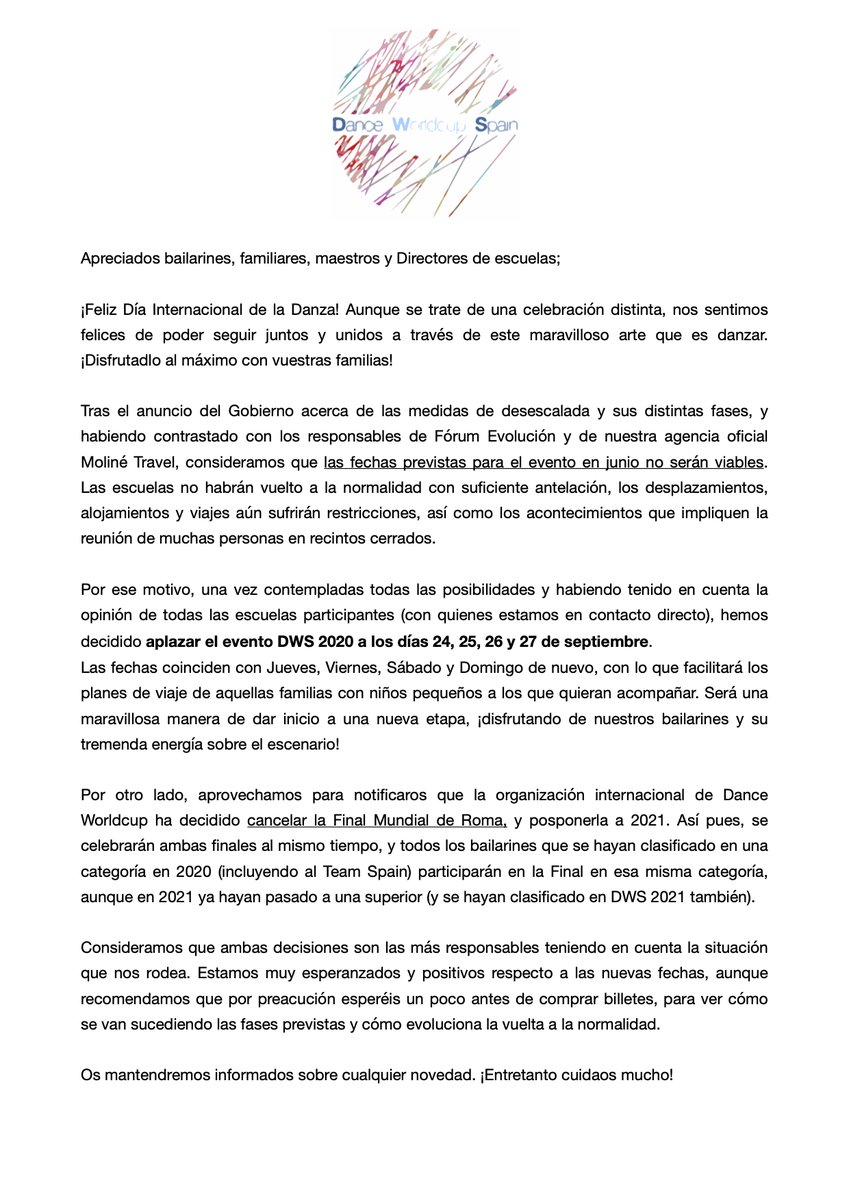 forumevolucion's tweet photo. Compartimos el comunicado de la Dance Worldcup Spain #DWS que pasará a celebrarse 24, 25, 26 y 27 de septiembre. Queremos agradecer a la organización todos los esfuerzos realizados para mantener la celebración de la edición de este año en #Burgos #DWS2020 💃🕺💖 https://t.co/yu78MwDrqs