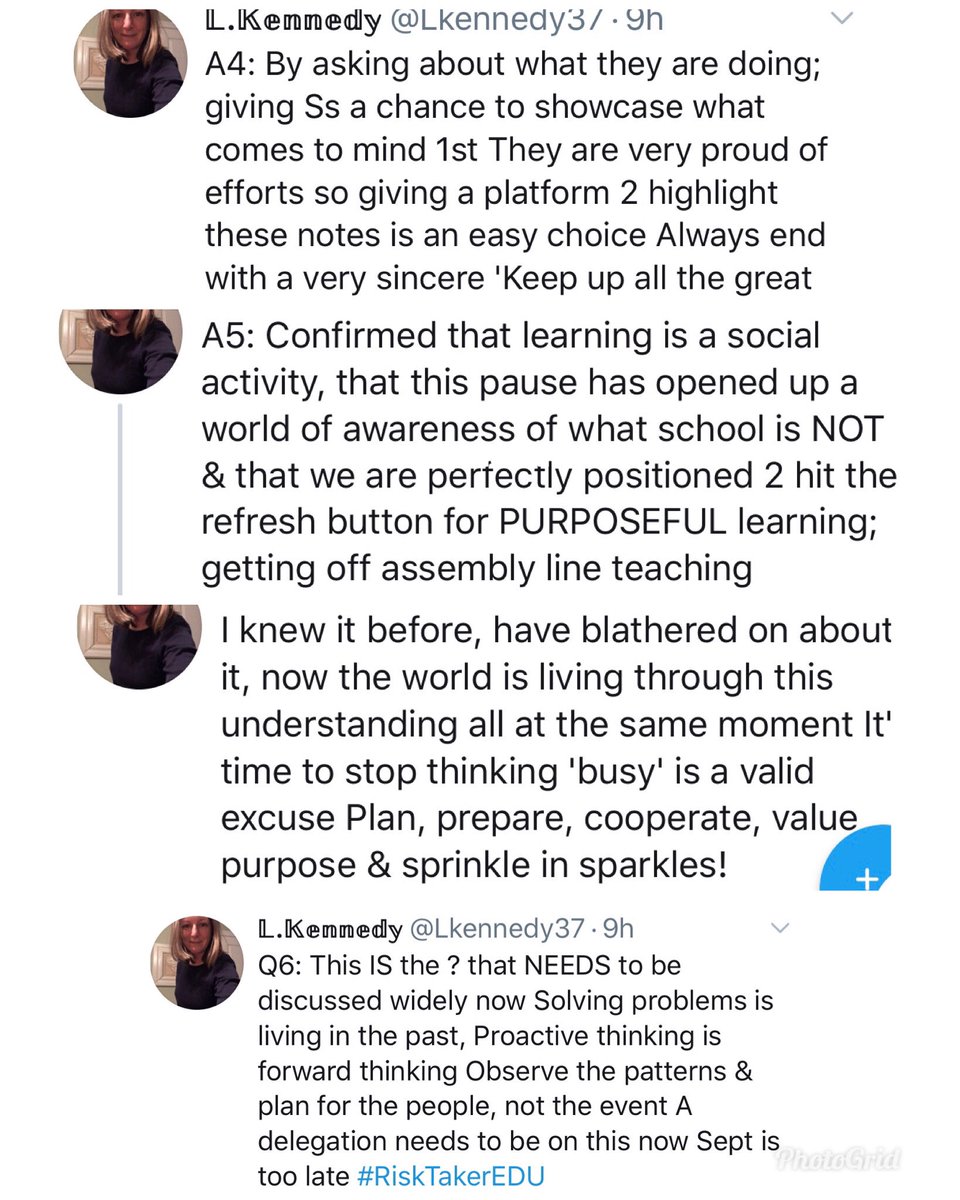 Lkennedy37's tweet photo. Productive Twitter chat #RiskTakerEDU @mraspinall @McMenemyTweets @MrMLabuda #CodeBreaker Groundwork for actionable conversations #PurposeForLearning Positively positioned to be proactive; collective understanding of what school is not & why it's time to get off assembly line https://t.co/oopIwETb1O