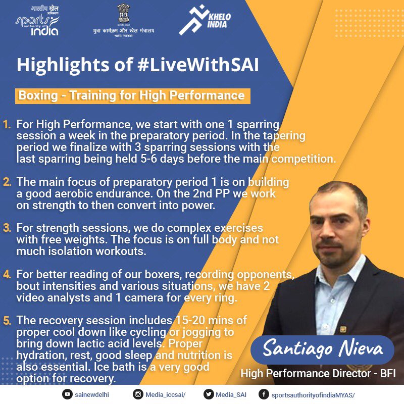 Media_SAI's tweet photo. If you are an athlete, you should definitely watch this session by #SantiagoNieva on 'Boxing - Training for high performance', on our YouTube channel.
▶️ https://t.co/M9WcGeAGio
#IndiaFightsCorona #LiveWithSAI
@KirenRijiju @DGSAI @RijijuOffice @PIB_India @PMOIndia @IndiaSports https://t.co/hyiqk7isg3