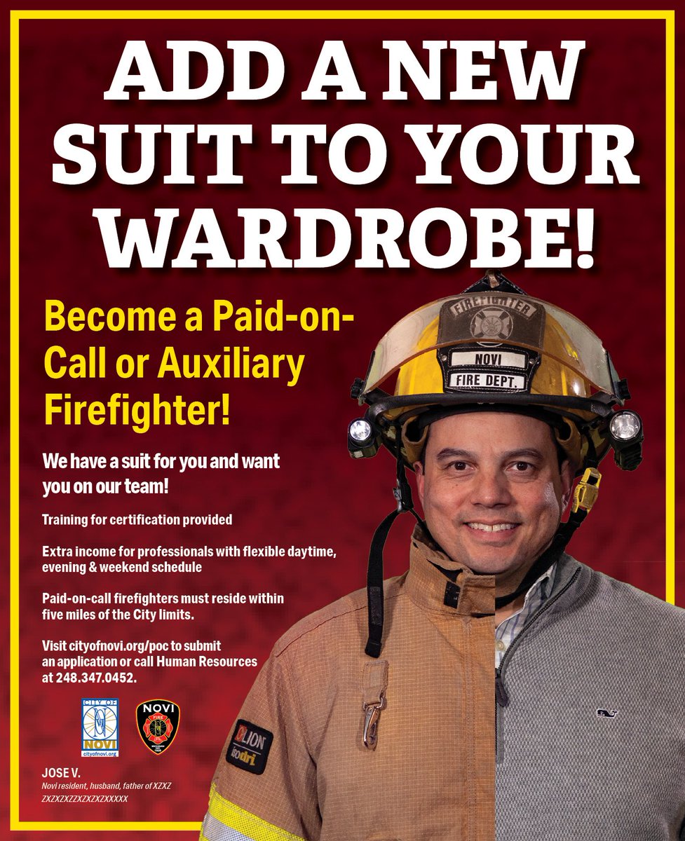 ChiefMolloy's tweet photo. Are you looking to add a new suit to your wardrobe? The #NoviFD is hiring Paid-on-Call and Auxiliary Firefighters. Apply today at https://t.co/vaQdQqdbHn - Join one of the BEST combination fire departments in our state! @novifire @cityofnovi #NoviSafe https://t.co/bn2xPuPF1g
