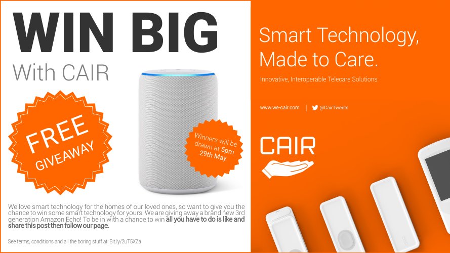 CairTweets's tweet image. To show we 'cair', we are giving one lucky person the chance to win a 3rd Generation Amazon Echo. To be in with a chance, just like and share this post, and follow our page if you aren't already. Good luck! 🙂 #competition #smarthome #telecare #TECS
