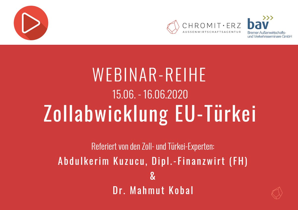 Chromit_Erz's tweet photo. +Webinar-Reihe: Zollabwicklung EU-Türkei+
Die wichtigsten zollrechtlichen Grundsätze für eine reibungslose #Zollabwicklung mit der #Türkei erfahren.
📌15.06.2020 | 10.00 - 11.00 Uhr
📌16.06.2020 | 11.00 - 12.00 Uhr
📌Beschränkte Teilnehmerzahl 
Anmeldung: https://t.co/l2KJ5yCe3s https://t.co/J1HSQzrDCh