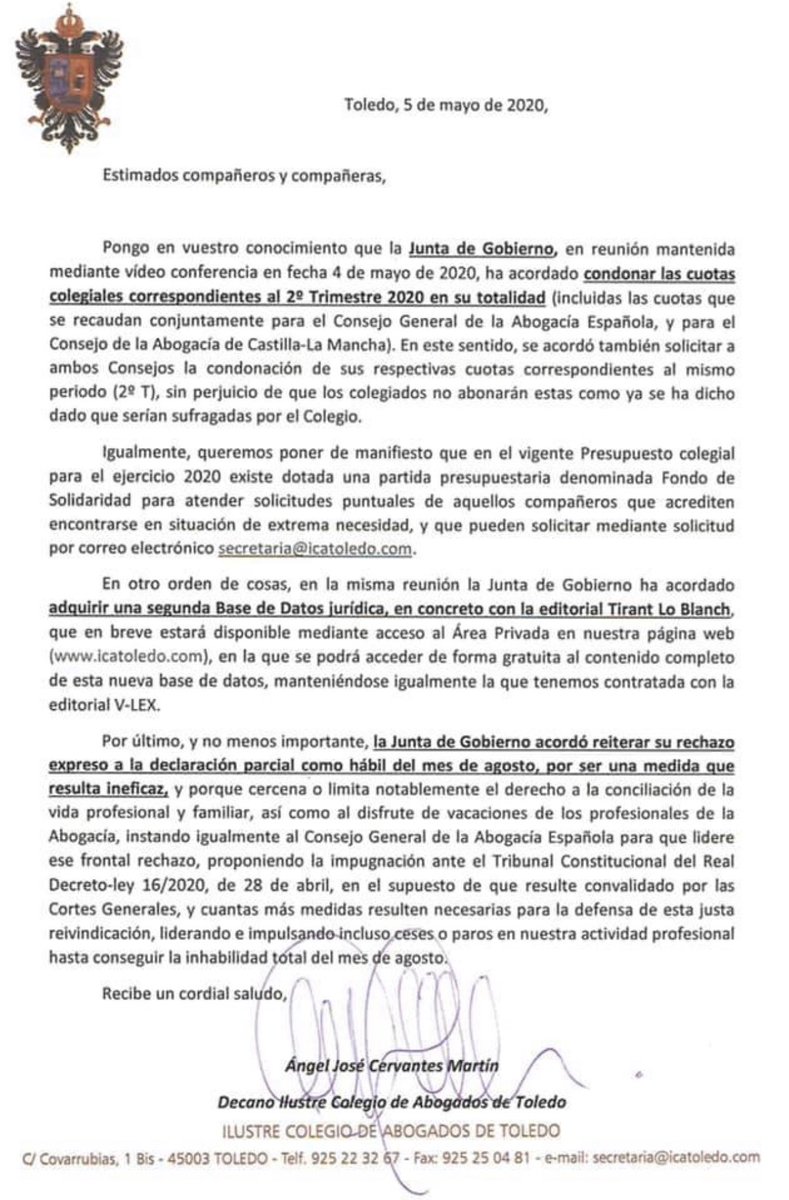 La Junta de Gobierno de <a href="/icatol/">ICA TOLEDO</a> ha decidido, entre otras,condonar cuotas colegiales 2º trimestre 

Nosotros solicitamos la adopcion de esta medida y pusimos a disposición el 50% de nuestro presupuesto. 

Nuestro apoyo y reconocimiento