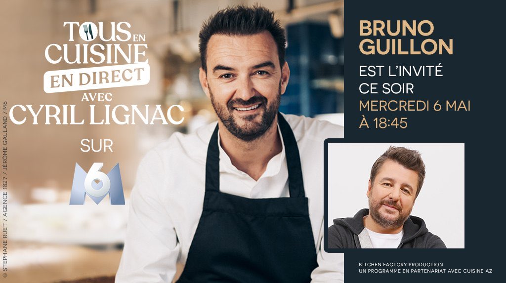 LesEmissionsTv's tweet photo. #TousEnCuisine Retrouvez @BrunoGUILLONOff ce soir 18:45 en direct sur M6 avec @cyril_lignac et @JeromeAnthonyM6 ! https://t.co/Z4Bq8rZzRr https://t.co/wbHQlCGTBd