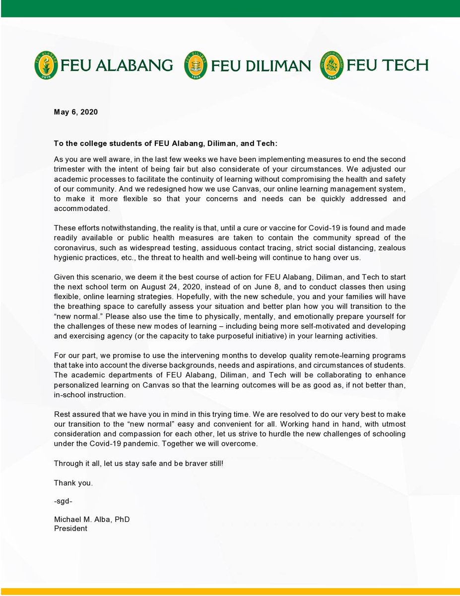 FEUTechSCC's tweet photo. MAY 6, 2020  
FEU Alabang, Diliman and Tech Statement on the adjustment of School Calendar of AY2019 - 2020. https://t.co/sxdGORfGkp
