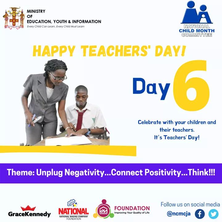 ncmcja's tweet photo. HAPPY TEACHERS' DAY!

Day: 6
Celebrate with your children and their teachers. It’s Teachers' Day!

Official Hashtags:
#childmonthja
#ncmcja https://t.co/iLtDLNLT8H