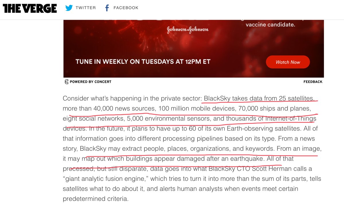 Black Sky pulls data from 25 satellites, over 40,000 news sources, 100 million mobile devices, 70,000 ships and planes, 8 social networks, 5000 environmental sensors, etc and analyzes itfrom an image