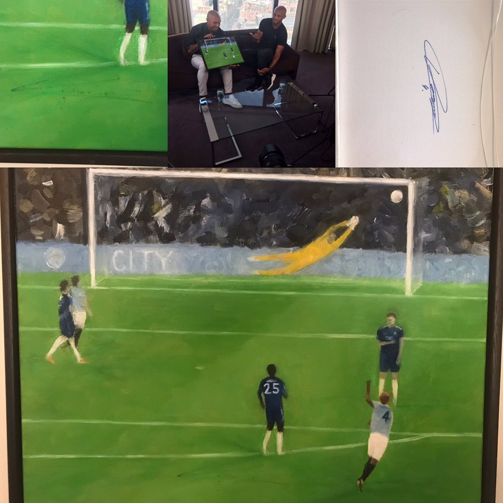 easeltotheframe's tweet photo. First up, one year on - an original oil painting of *that* @vincentkompany goal, signed by the man himself. Highest bid b4 10pm tonight (over £100) in reply wins, all money to NHS charities. RT @MattCritchley1 @City_Chief @jonnysmiffy @IanCheeseman @City_Xtra @SamLee @ManCity https://t.co/AMgdNGkOEt