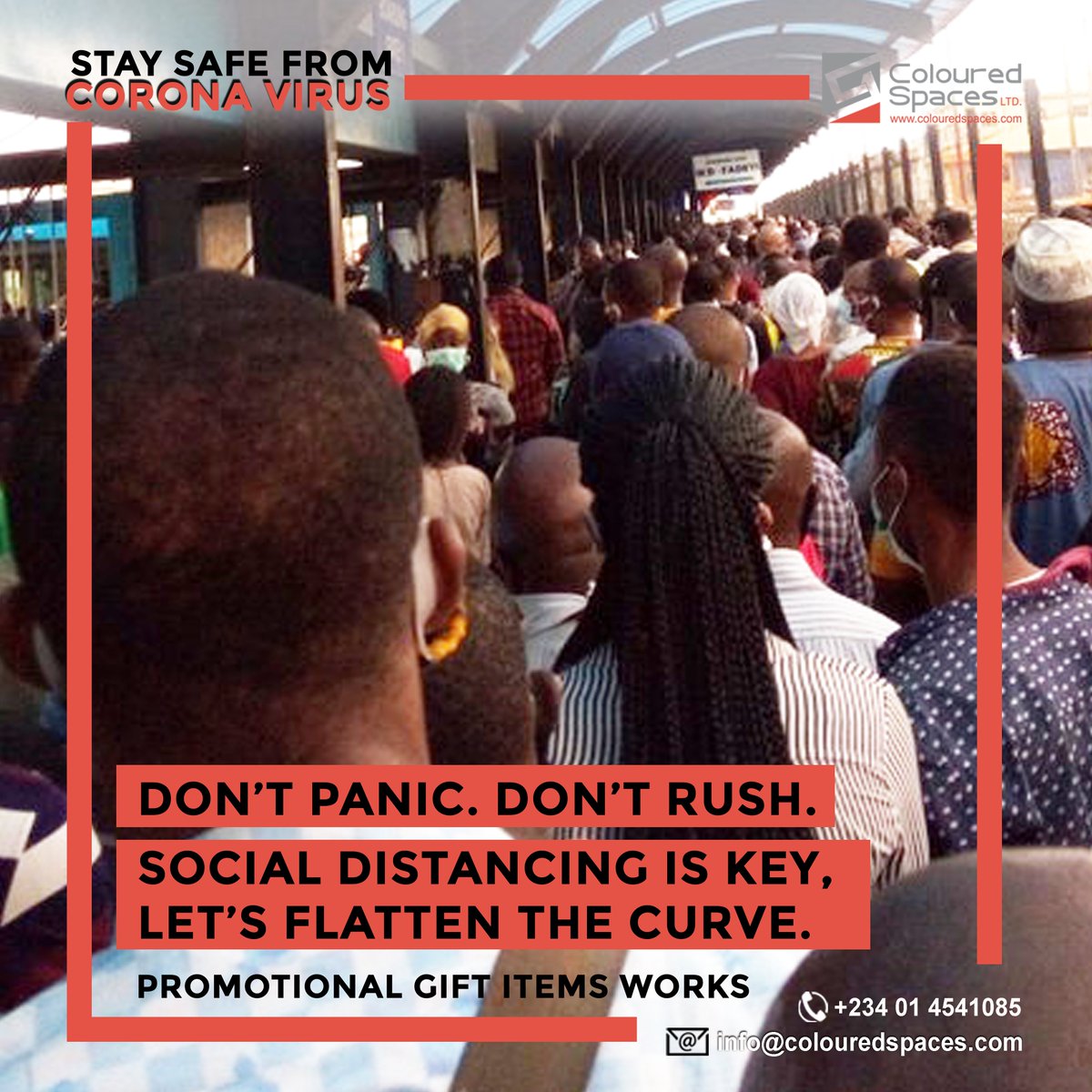 colouredspaces's tweet photo. Don't panic. Don't rush.

Social Distancing is key, let’s flatten the curve

Promotional gift items works
#brandedHandsantizier 
#brandedfacemask
#brandedhealthkit
#colouredspacescares https://t.co/RvawCDHTUI