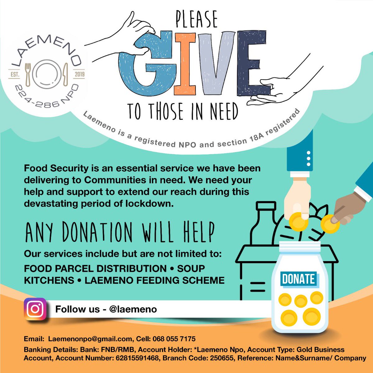 SocialSA_'s tweet photo. Let’s give hope people! If you can’t give $$$ then simply do your share by retweeting! Every effort counts. #Notjustmoney #Givehope #Laemeno #Covid19 https://t.co/k1nj4llS31