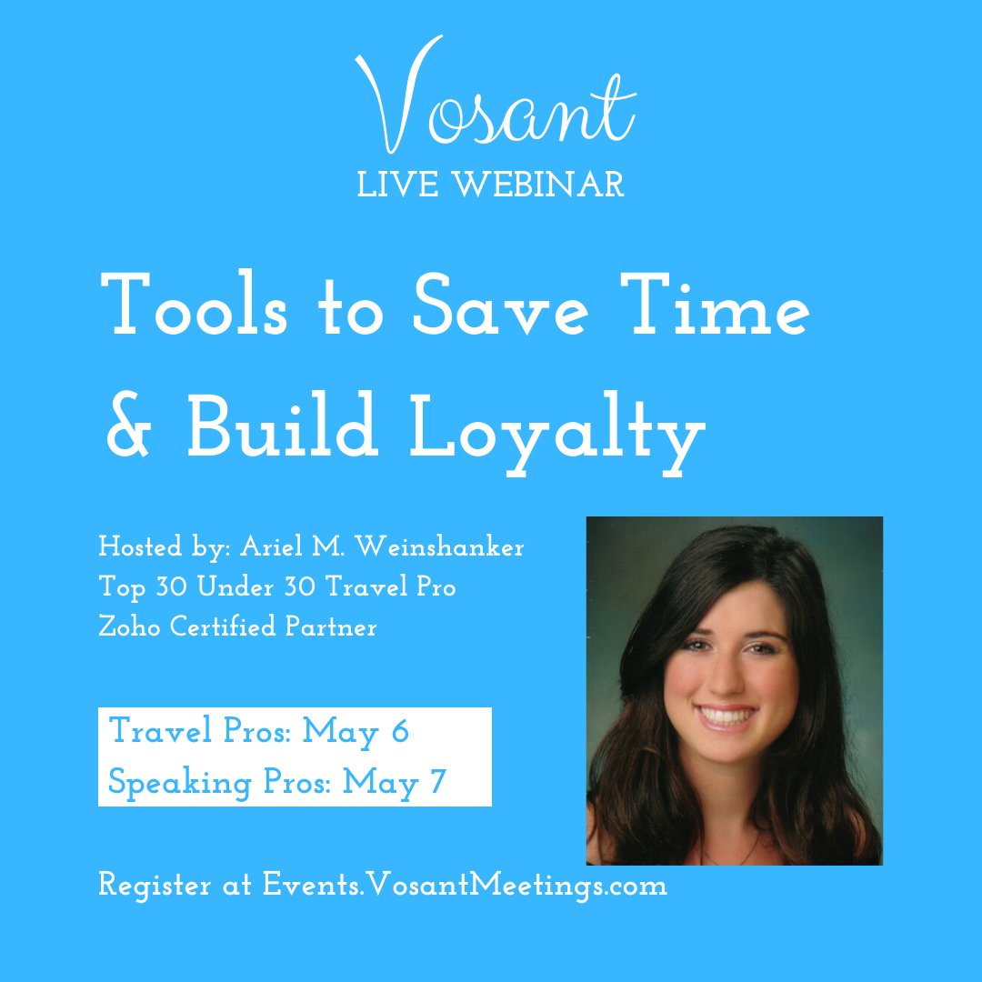 VosantMeetings's tweet photo. This week our Small Biz Webinars are industry specific! #TravelPros join us May 6 and #SpeakingPros join us May 7. Discussion includes tools to personalize automation to help you save time + build loyalty.
More details https://t.co/UJwekPxsh7
#Zoho #CRM #EmailMarketing https://t.co/eGO5CUc4Zl