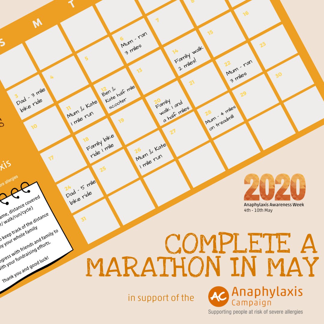 AnaphylaxisUK's tweet photo. It's not too late to take on a challenge this month!

If you can exercise whilst social distancing, complete a Marathon in May with your household or by yourself.

Find out more &amp; download our distance tracker: https://t.co/1X3CPDFT08 https://t.co/WZWc5d3NKk