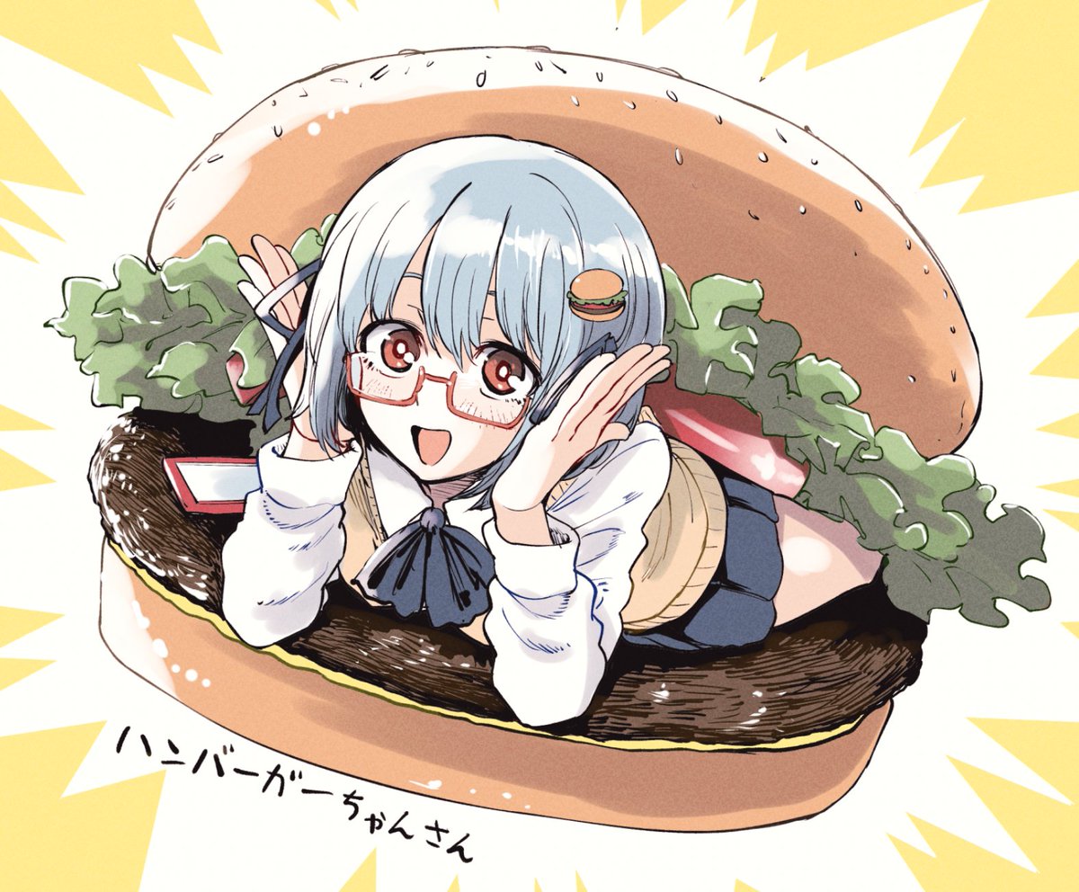 1girl food burger solo glasses food-themed hair ornament skirt  illustration images