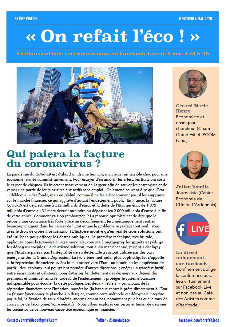 onrefaitleco's tweet image. N'oubliez pas ce mercredi soir 18 h 30 précises conférence @onrefaitleco en Facebook Live sur le thème : "qui paiera la facture du coronavirus ?"
 avec @tremillec  @JulienBouille 
Rendez-vous sur notre page facebook.com/PageOnRefaitLe…
