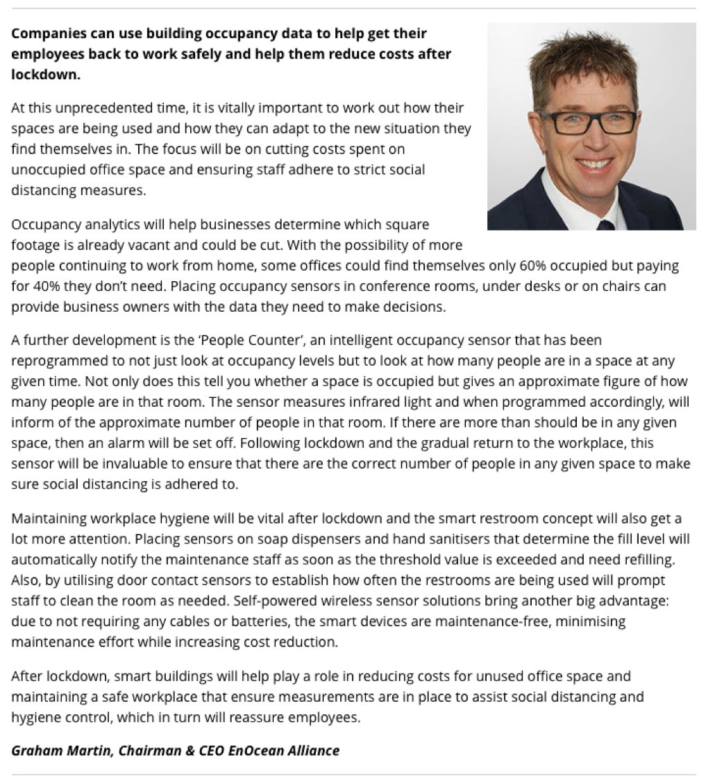 EnOceanAlliance's tweet photo. What role can smart buildings play when we come out of lockdown? #EnoceanAlliance chairman @enoceangraham responses it at Smart Buildings Magazines at https://t.co/U1qFWbuv7o.
#smartbuildings
#EnOceanAllianceInfo
#EnOceanTechnology https://t.co/tYVsNc9bbu