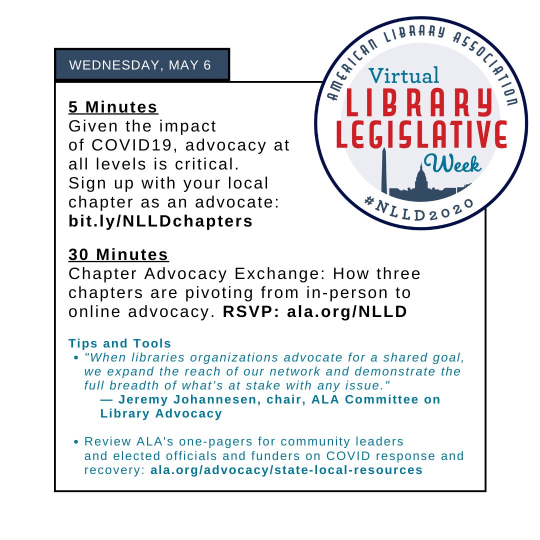 ALALibrary's tweet photo. β‘οΈDay Three of Virtual #NLLD2020β‘οΈ
1οΈβ£ Take 5 mins to sign up as an advocate with your state chapter: https://t.co/N76c1DVrc7
2οΈβ£ Join @MLAoffice, @NYLA_1890, and @OhioLibraryCncl today at 3pm EST to talk pivoting from in-person to online advocacy. RSVP: https://t.co/olSSW6PX09 https://t.co/71mIiBxQNY
