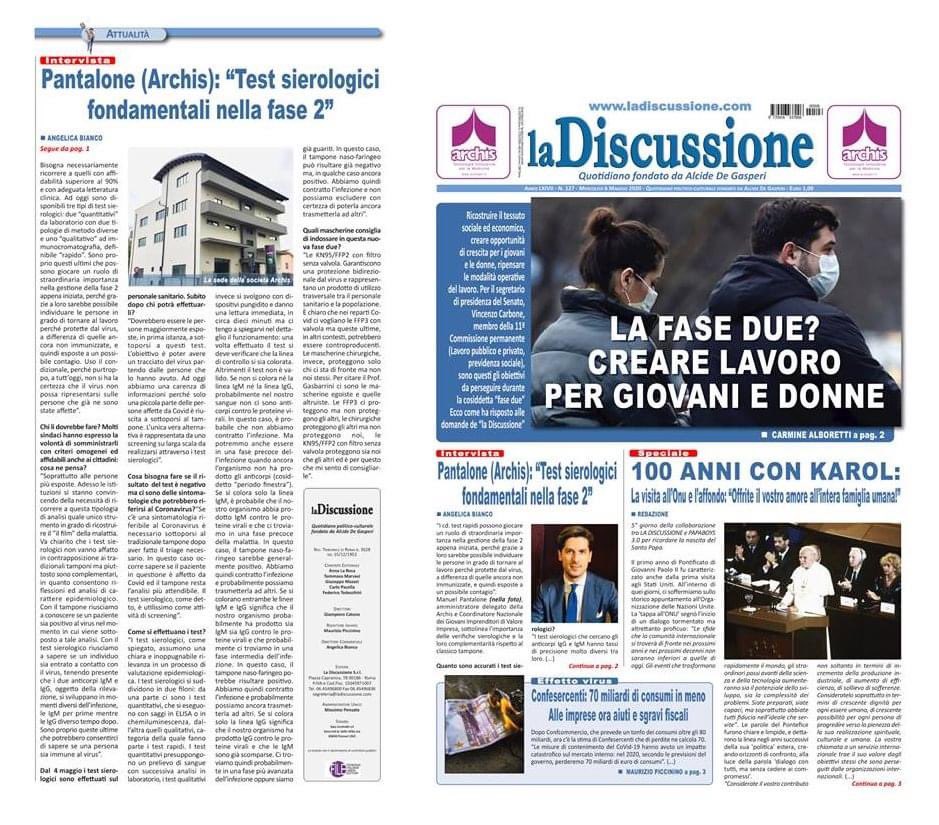 ManuelPantalone's tweet photo. Oggi in prima pagina sul quotidiano @laDiscussioneQ e sulle rassegne stampa nazionali per rimarcare l'importanza dei #test #sierologici nella #Fase2, per spiegarne il funzionamento e per ribadirne l'indispensabilità al fine di concretizzare una completa analisi epidemiologica. https://t.co/WPltJXmVW4