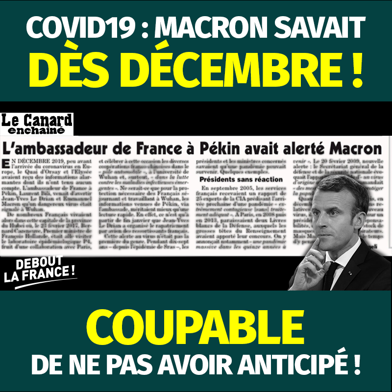 dupontaignan's tweet photo. 🚨Révélations très graves du @canardenchaine : E. Macron savait les risques du #Covid19 depuis décembre, mais il n'a RIEN anticipé ! Même pas la constitution d'un stock de masques préventif... L'exécutif n'a pas été pris au dépourvu : il est en-dessous de tout. #ConfinementJour51 https://t.co/4Frb4B3EZw