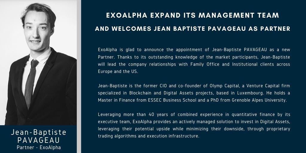 <a href="/ExoAlpha_/">ExoAlpha</a> is glad to announce the appointment of Dr. Jean-Baptiste Pavageau as a new Partner. 

He will lead the company relationships with Family Office and Institutional clients across Europe and the US.

#bitcoin #trading #assetmanagement #derivatives #Switzerland #crypto