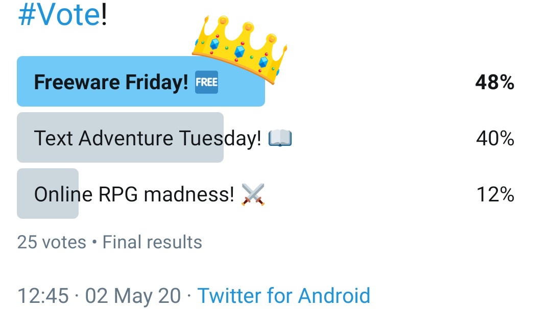 VillainyVS's tweet photo. Well! The Twitter poll has spoken! Looks like we will be adding #FreewareFriday in to our #streaming schedule! We may alternate weeks for a little while and/or try a text adventure or two some time as it was close!

But where do we start?
@YahtzeeCroshaw's 5 Days a Stranger? https://t.co/3HZtuj7iYx