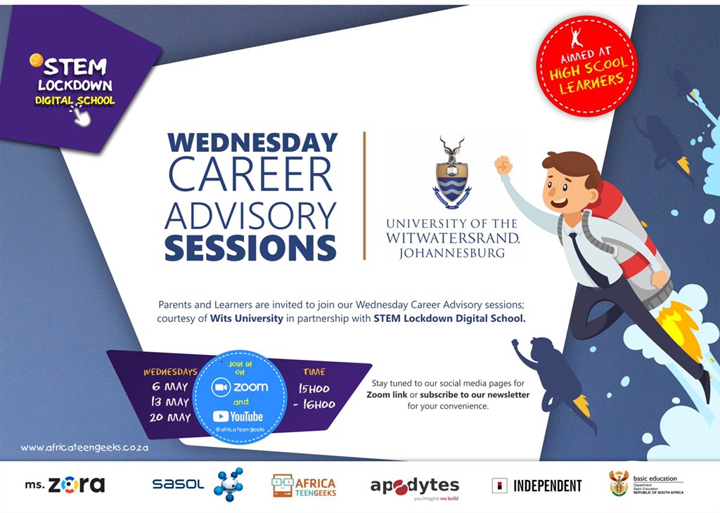 Want to know what <a href="/WitsUniversity/">Wits University</a> admissions will be looking in the #Covid19 era? Parents &amp; grade 11-12 learners are invited to attend #Lockdowneschool #career advisory sessions conducted by Wits officials today from 15:00- 16:00.  Link 👇🏿africateengeeks-co-za.zoom.us/j/85284640517 #stemchampions