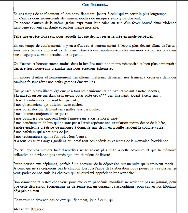 FocusNantes's tweet photo. Je vous partage aujourd'hui un petit texte dont l'inspiration m'est venue au vu du contexte...
N'hésitez pas à partager si vous aimez ou à me dire ce que vous en pensez !

#ConfinementJour52 #StayHomeSaveLives #StayAtHome #RestezChezVous #RestezAlaMaison #COVID19france #écriture https://t.co/uv1tUVfrN8