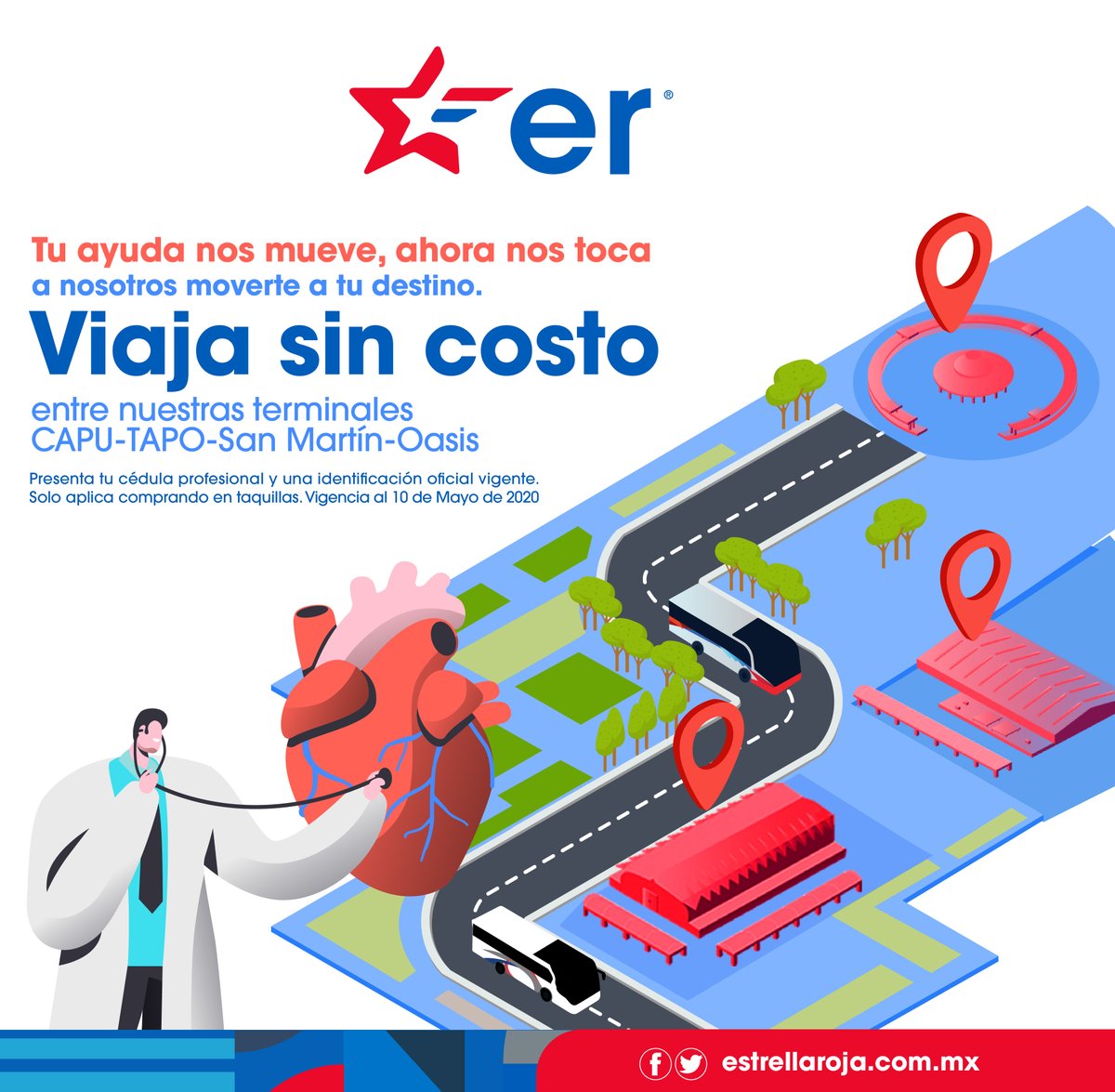 🔥En #er seguimos en la lucha con ustedes, extendiendo a médicos, enfermeros, paramédicos y personal de Cruz Roja nuestros viajes sin costo, con solo presentar en taquillas #Capu, #Tapo, #SanMartín y #Oasis cédula profesional y una identificación oficial vigente. 🔥👩‍⚕️👨‍⚕️🚌✨