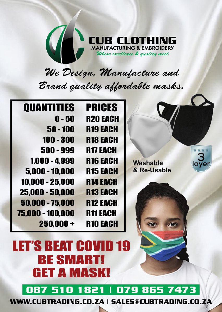 <a href="/CubTrading/">Cub Trading & Embroidery</a> We got your safety as our number one Priority. 

We design, manufacture &amp; brand quality affordable masks.

CHECK OUT QUANTITIES &amp; PRICES

▪︎Washable and Re-Usable. 
▪︎3 Layers 

Lets beat #Covid_19 

Contact Us Just Now ⚠️⚠️ 
#CubTrading